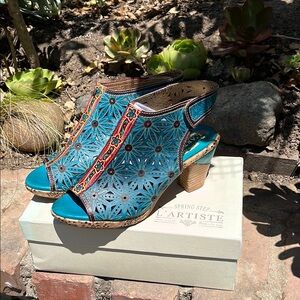 Spring Step hand painted turquoise leather wedge sandal.